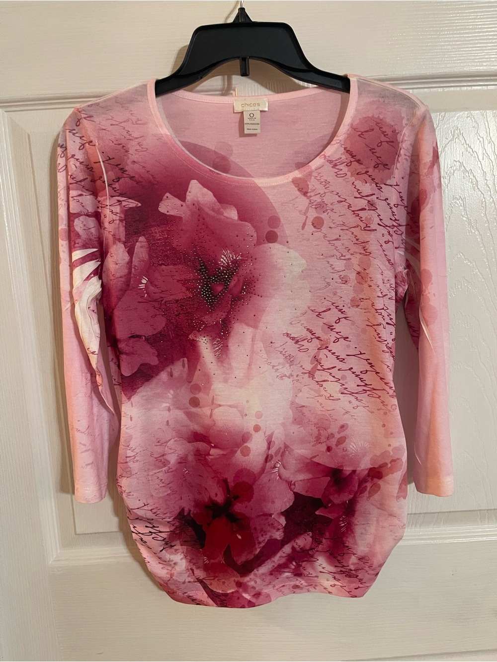 Chico's Pink & Burgundy Floral Scoop Neck Long Sleeve Top